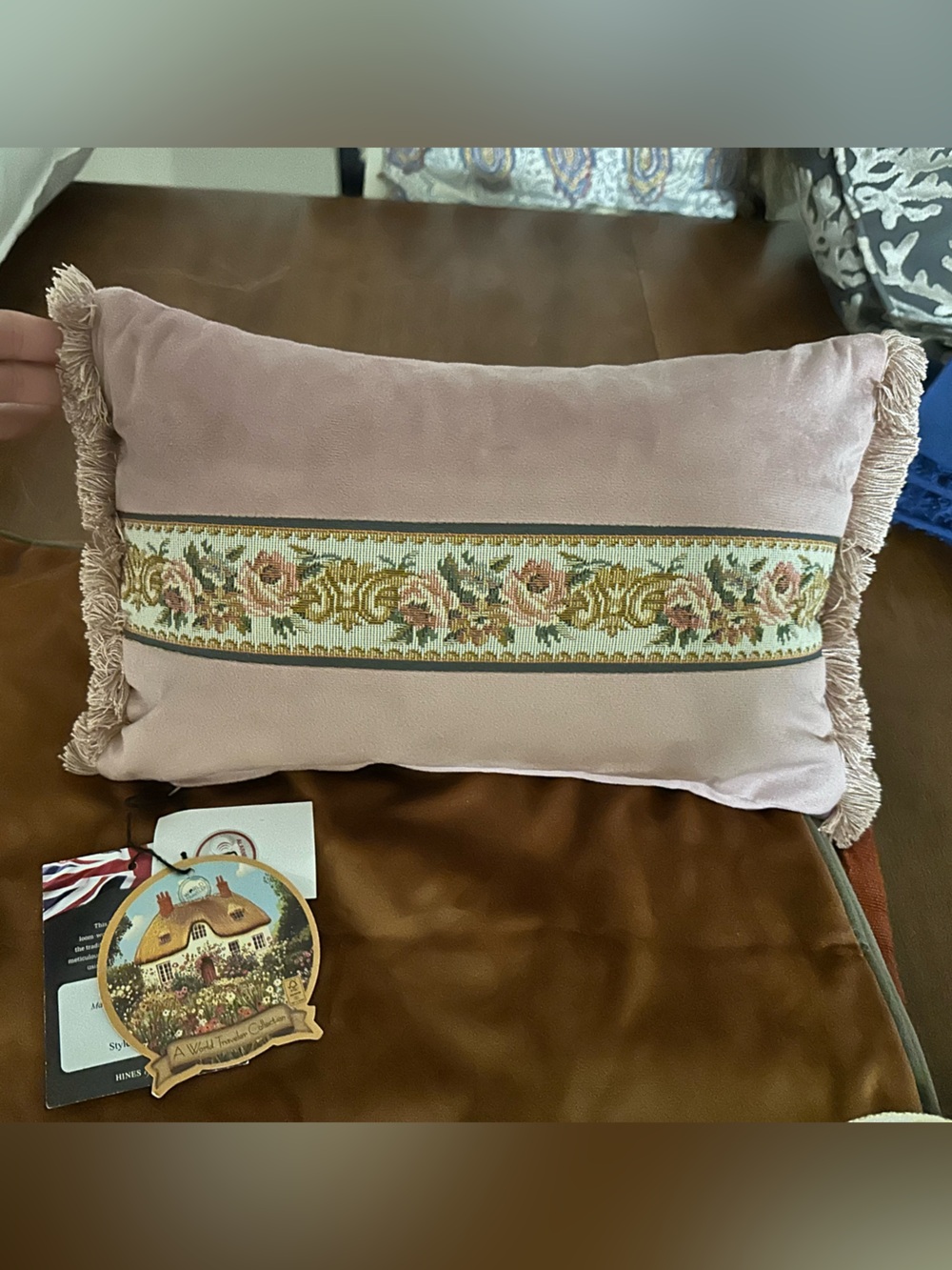 Soft Pink Decorative Throw Pillow with Floral Tapestry Trim